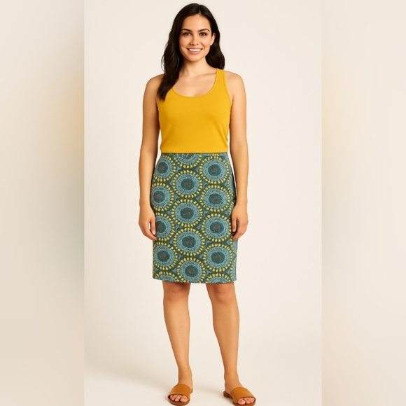 NWT Lularoe Cassie Pencil Skirt Size Large Teal Gold Tulips Print Fall Colors - Picture 1 of 8